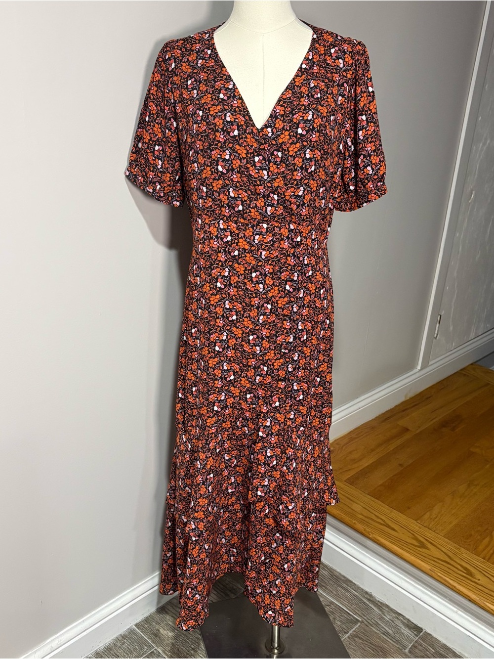 Nanette Lepore‎ Floral Orange Pink Maxi Wrap Dress Sz 8 Short Sleeve Ruffle